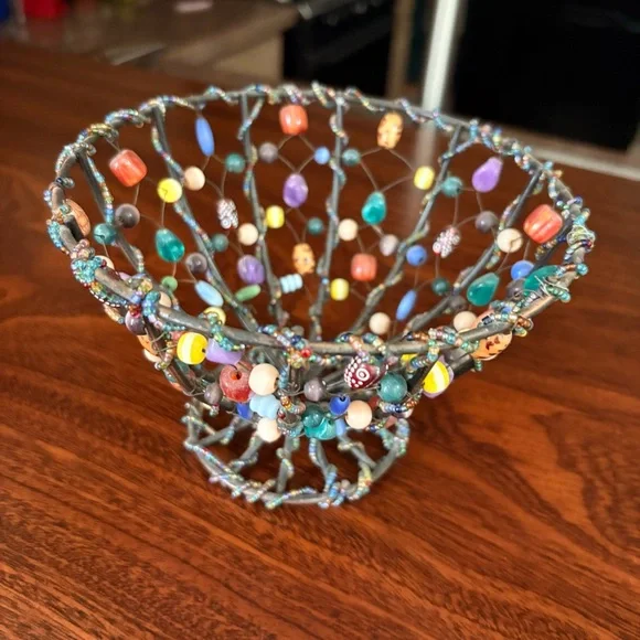 Handmade Wire Bowl/Art Glass Bead Basket - Boho Home Decor - Picture 2 of 7